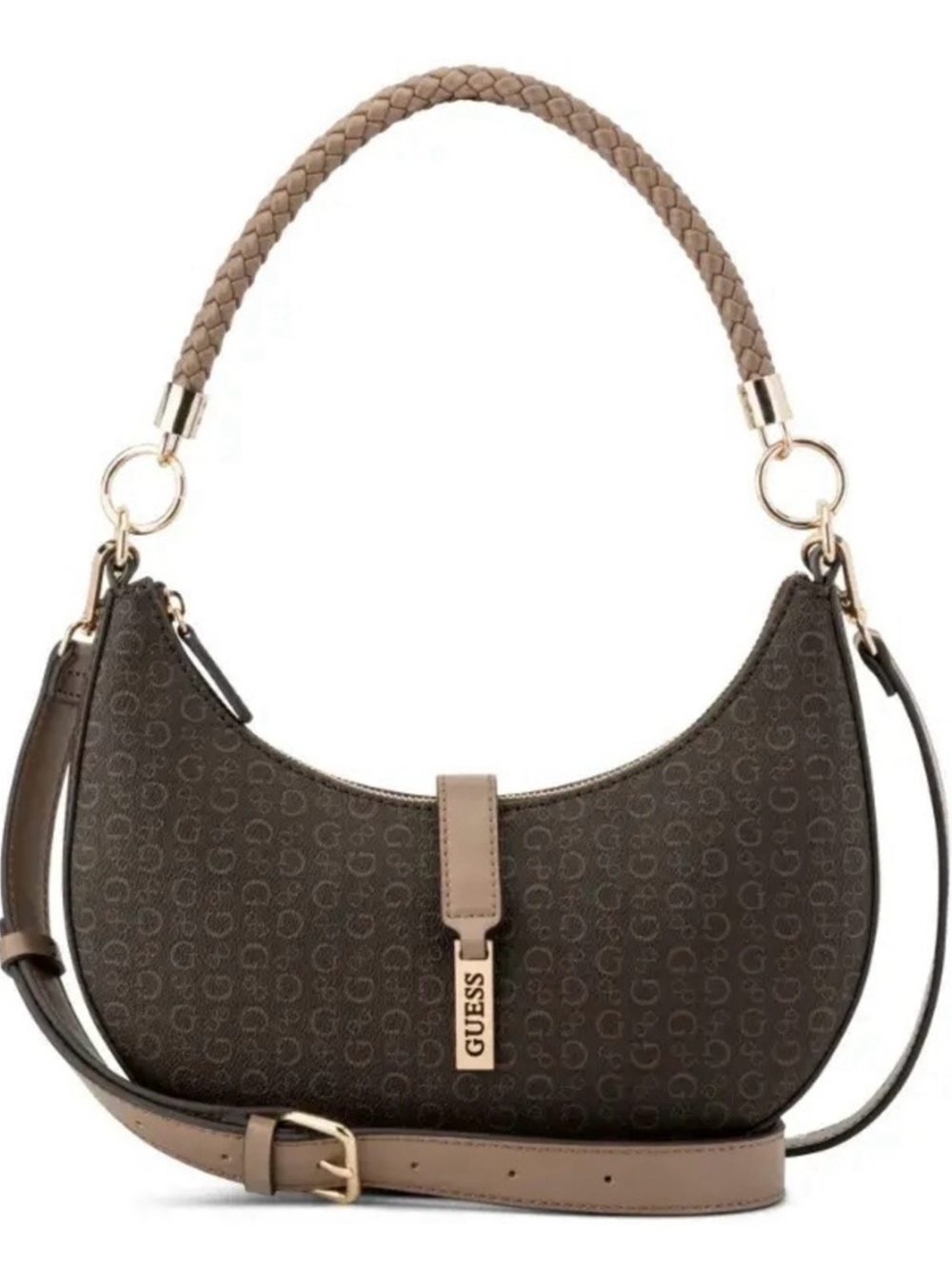 Guess Dark Brown Monogram Crescent Shoulder Bag with Tan Accents